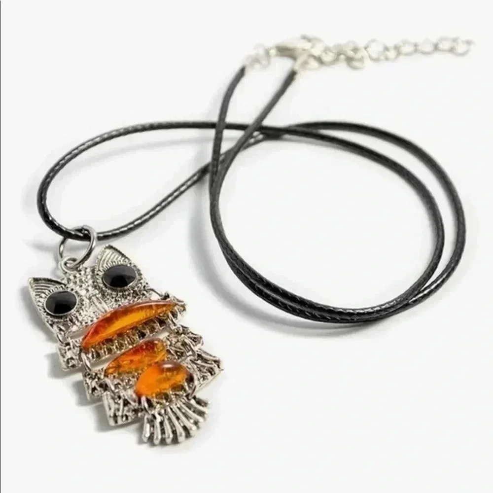 Real Baltic Amber Owl Leather Necklace NWT